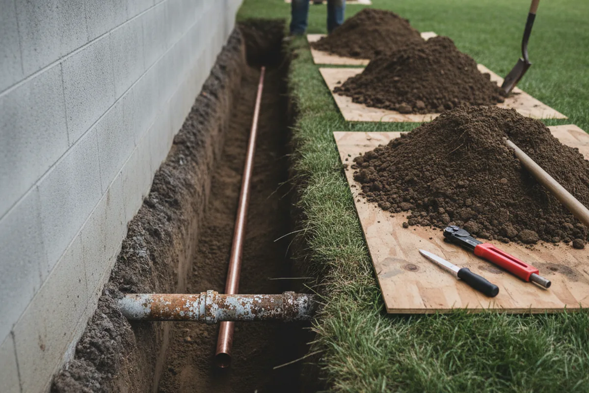 Excavated water line trench during Water Softener Installation in Pierrepont Manor